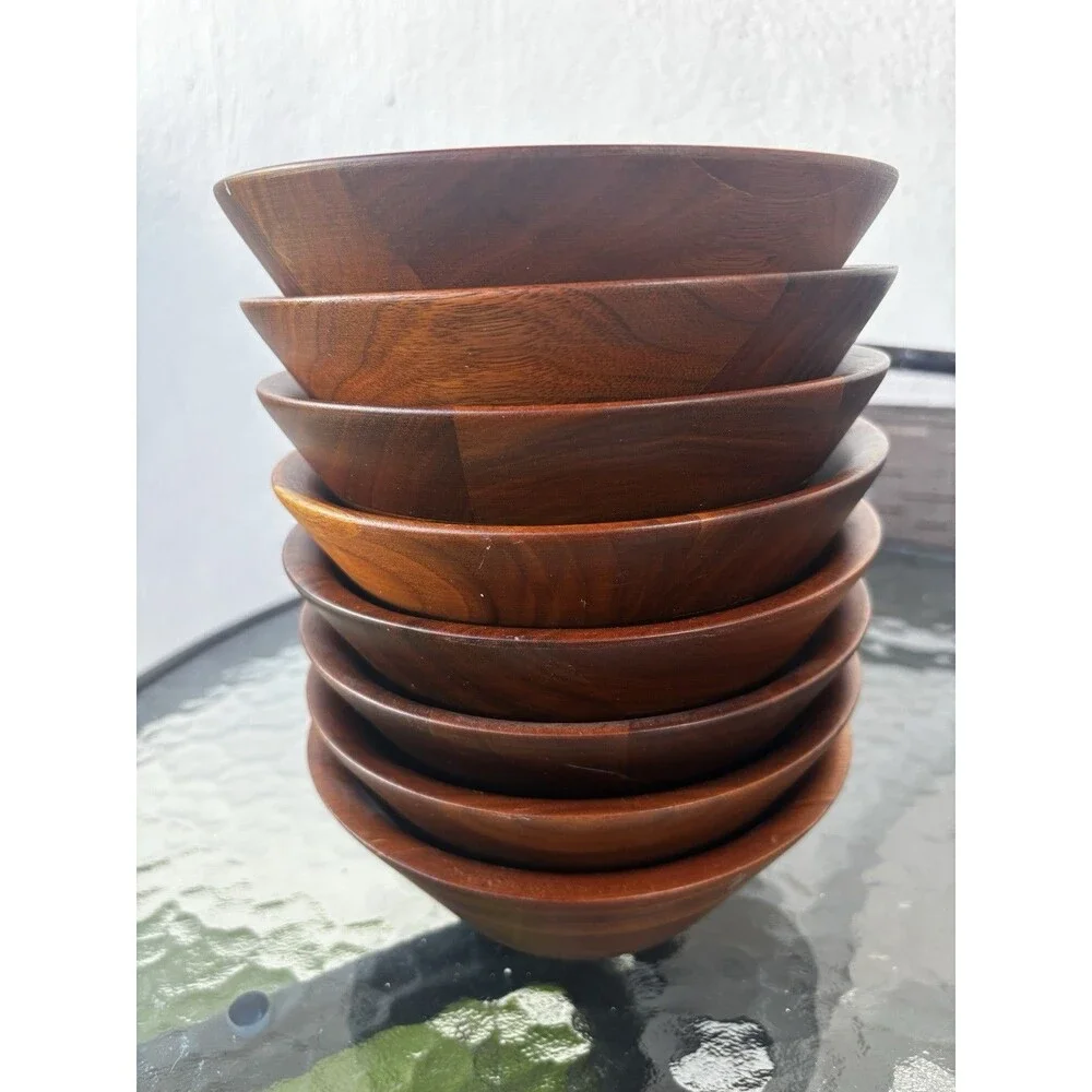 Vintage Wood Salad Bowl Set Of 8 Serving  6.5 “ Acacia Wood Mid Century